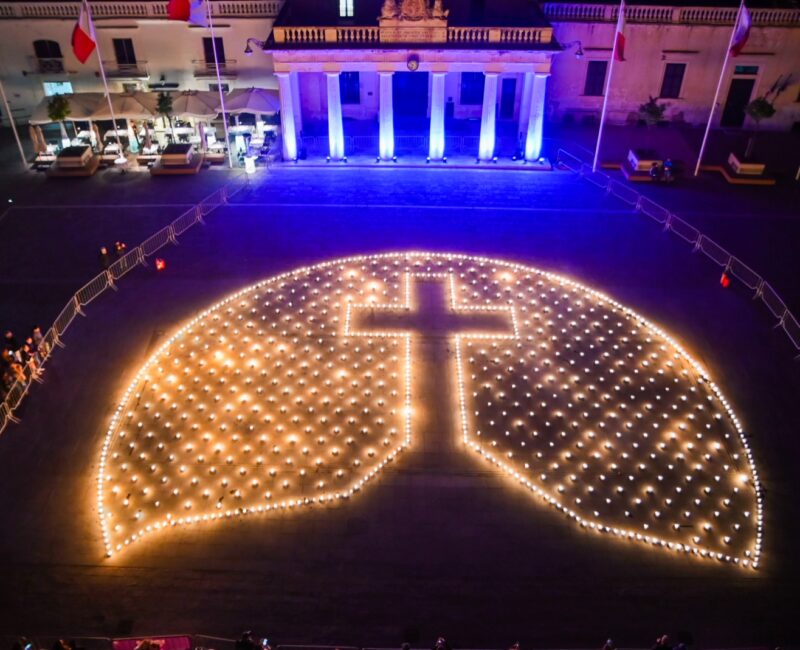 A photo showing the installation of fire bowls in St George's Square Valletta