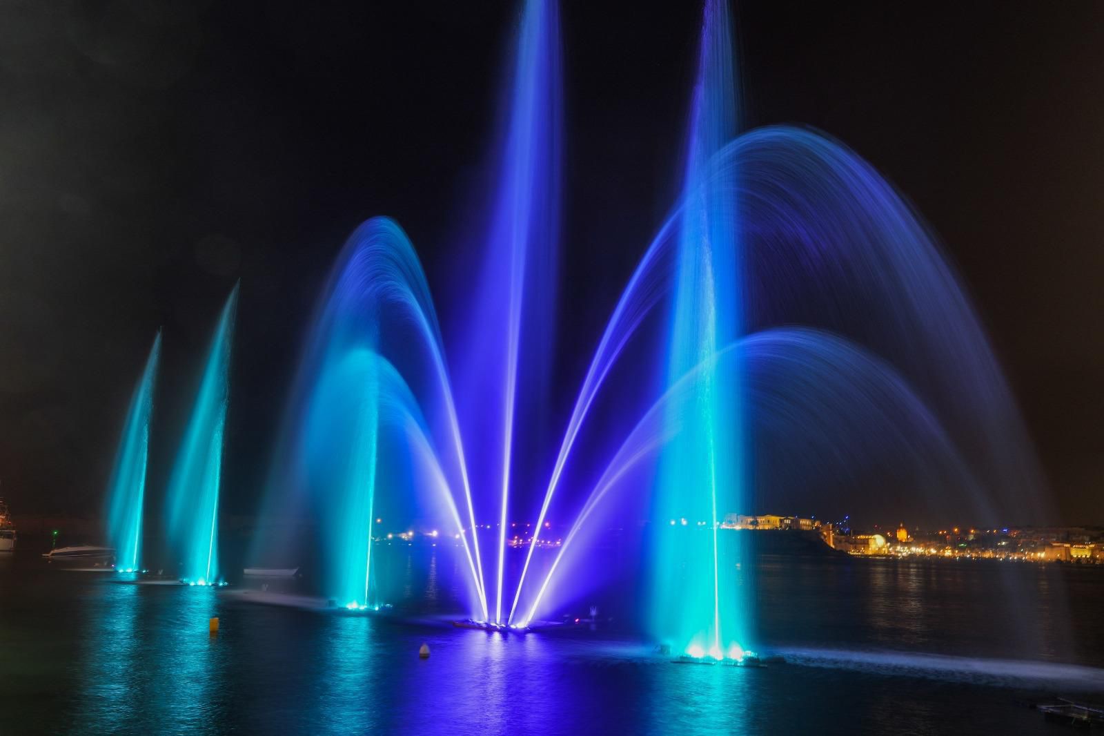 Dancing coloured fountains during the Valletta Pageant of the Seas 2024