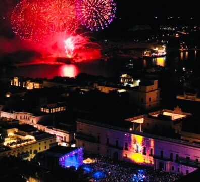 An aerial shot of St George's Square Valletta showing the Grand Harbour fireworks display