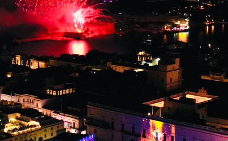 An aerial shot of St George's Square Valletta showing the Grand Harbour fireworks display