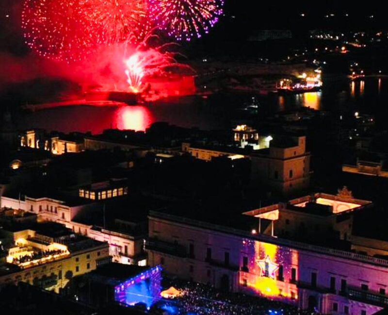 An aerial shot of St George's Square Valletta showing the Grand Harbour fireworks display