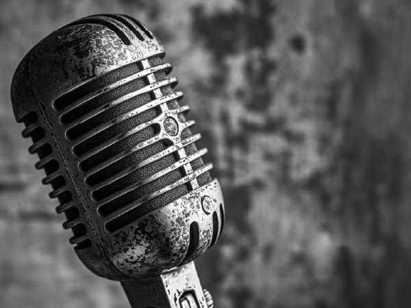 A black and white image showing a vintage microphone