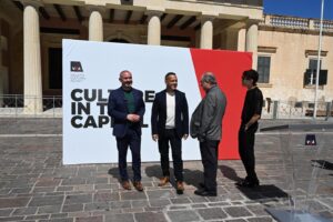 A photo showing Minister for Culture, Lands and Local Governemnt Owen Bonnici and Valletta Cultural Agency Chairman Jason Micallef addressing a press cnference together with Maestro Paul Abela, artist Henry Galea and collaborators