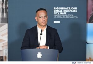 A photo showing VCA Chairman Jason Micallef at a press conference regarding the regeneration of City Gate Complex in Valletta
