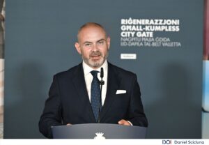 A photo showing Minister Owen Bonnici at a press conference regarding the regeneration of City Gate Complex in Valletta