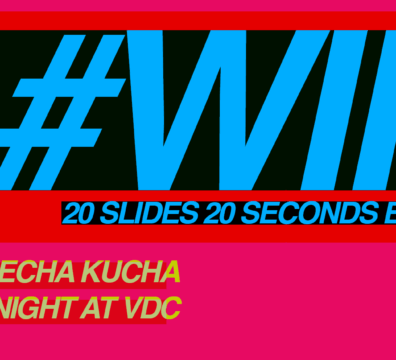 Bright graphic promoting a PechaKucha event at VDC. The design features bold pink, red, black, and blue colors with large text reading “#WIP” and “20 slides 20 seconds each.” Additional text at the bottom reads “#PECHAKUCHA NIGHT AT VDC.”