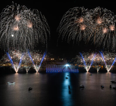 A photo showing fireworks and lasers in the Grand Harbour