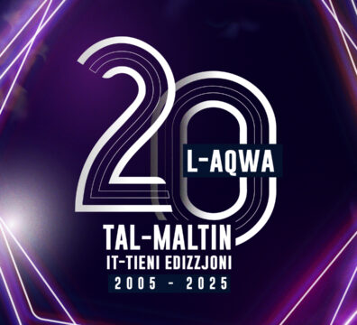 The text l-Aqwa 20 tal-Maltin it-tieni edizzjoni 2005-2025, is shown against a violet background with a hexagon design