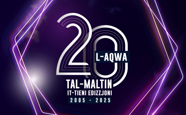 The text l-Aqwa 20 tal-Maltin it-tieni edizzjoni 2005-2025, is shown against a violet background with a hexagon design