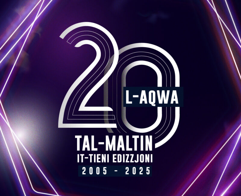 The text l-Aqwa 20 tal-Maltin it-tieni edizzjoni 2005-2025, is shown against a violet background with a hexagon design